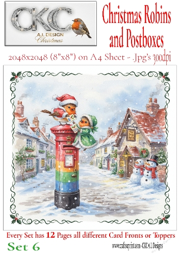 12 Christmas Robins and Postboxes – Festive Card Fronts & Toppers - Set 6
