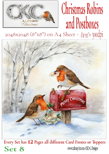 12 Christmas Robins and Postboxes – Festive Card Fronts & Toppers - Set 8