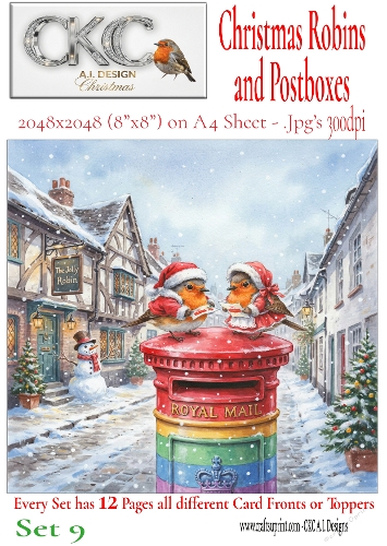 12 Christmas Robins and Postboxes – Festive Card Fronts & Toppers - Set 9