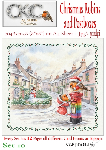 12 Christmas Robins and Postboxes – Festive Card Fronts & Toppers - Set 10