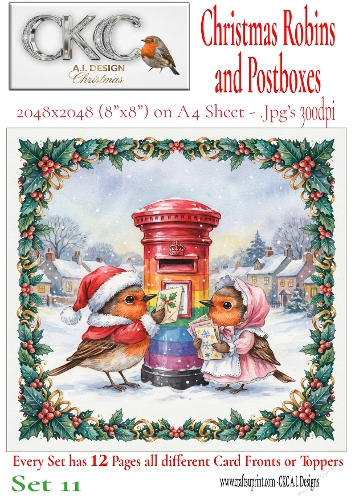 12 Christmas Robins and Postboxes – Festive Card Fronts & Toppers - Set 11