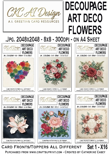 Decoupage Art Deco Flowers – Set 1 – 16 AI Floral Card Fronts & Toppers