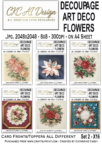 Decoupage Art Deco Flowers – Set 2 – 16 AI Floral Card Fronts & Toppers