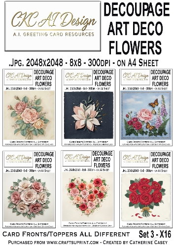 Decoupage Art Deco Flowers – Set 3 – 16 AI Floral Card Fronts & Toppers