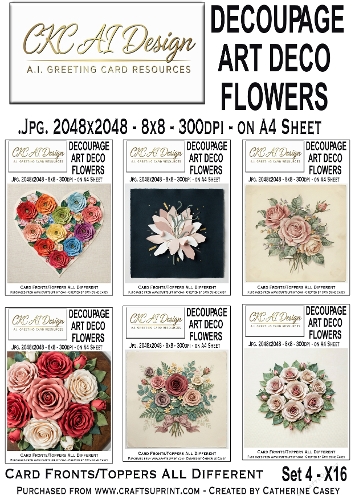 Decoupage Art Deco Flowers – Set 4 – 16 AI Floral Card Fronts & Toppers