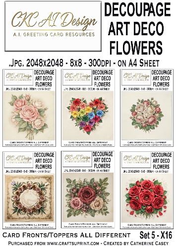 Decoupage Art Deco Flowers – Set 5 – 16 AI Floral Card Fronts & Toppers