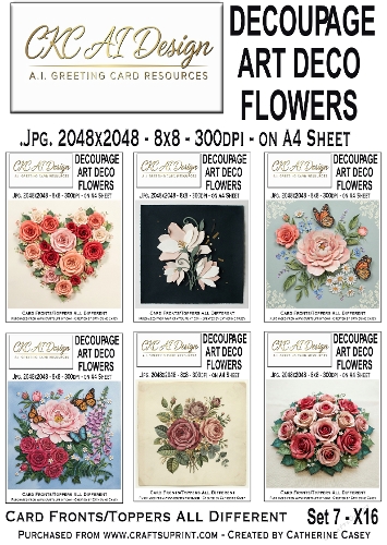 Decoupage Art Deco Flowers – Set 7 – 16 AI Floral Card Fronts & Toppers