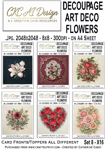 Decoupage Art Deco Flowers – Set 8 – 16 AI Floral Card Fronts & Toppers