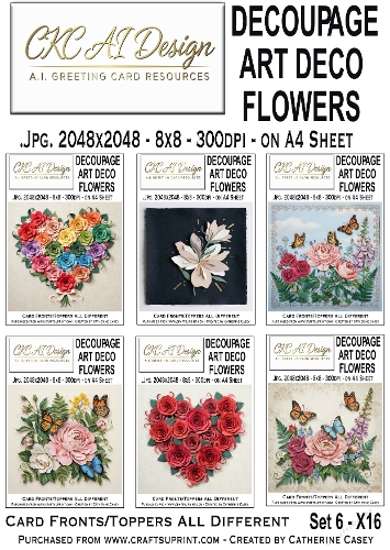 Decoupage Art Deco Flowers – Set 6 – 16 AI Floral Card Fronts & Toppers