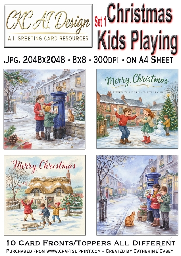 Christmas Kids Playing in the snow – 10x AI Christmas Card Fronts & Toppers - Set 1