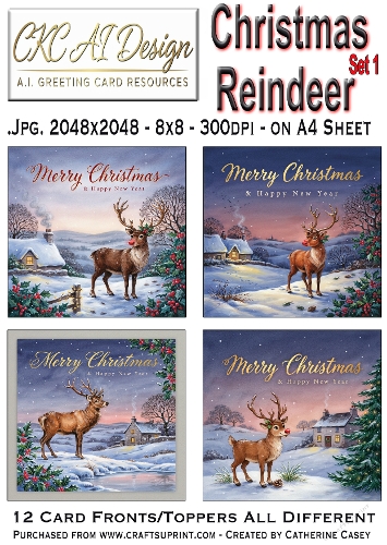 Christmas Reindeer – Set 1 – 12 AI Christmas Card Fronts & Toppers