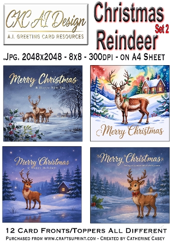Christmas Reindeer – Set 2 – 12 AI Christmas Card Fronts & Toppers