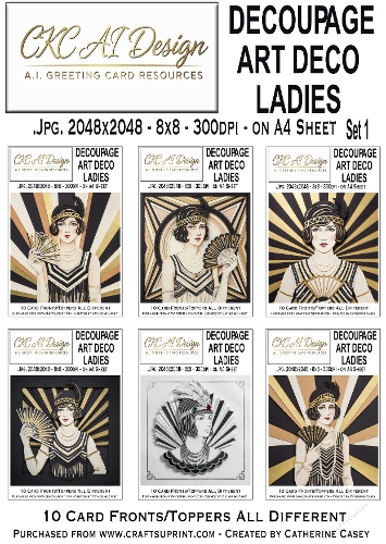 Decoupage Art Deco Ladies – Set 1 – 10x AI Card Fronts & Toppers