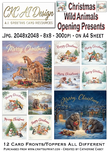 Christmas Wild Animals Opening Presents – 12 AI Christmas Card Fronts & Toppers - Set 1