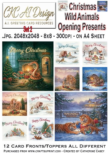 Christmas Wild Animals Opening Presents – 12 AI Christmas Card Fronts & Toppers - Set 2