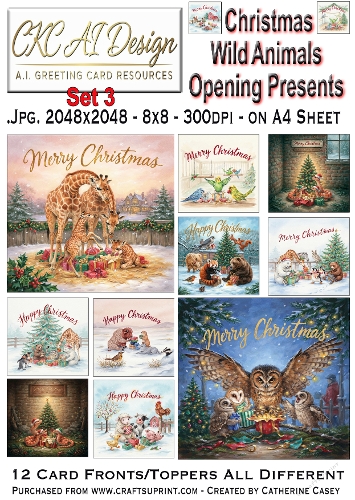 Christmas Wild Animals Opening Presents – 12 AI Christmas Card Fronts & Toppers - Set 3