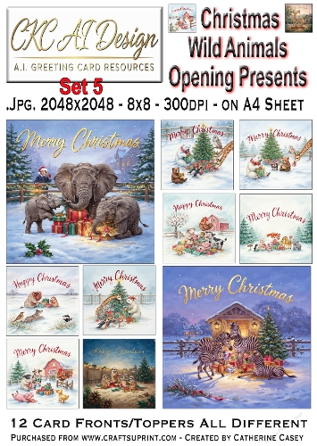 Christmas Wild Animals Opening Presents – 12 AI Christmas Card Fronts & Toppers - Set 5
