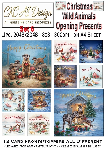 Christmas Wild Animals Opening Presents – 12 AI Christmas Card Fronts & Toppers - Set 6
