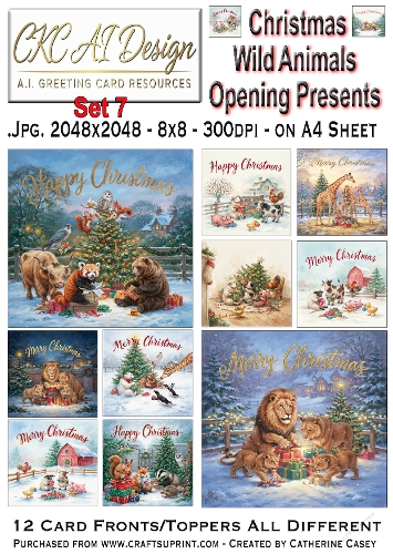 Christmas Wild Animals Opening Presents – 12 AI Christmas Card Fronts & Toppers - Set 7