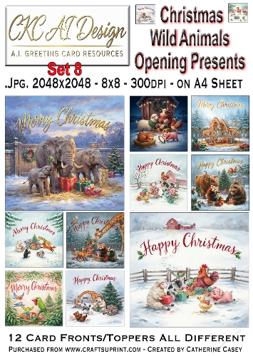 Christmas Wild Animals Opening Presents – 12 AI Christmas Card Fronts & Toppers - Set 8