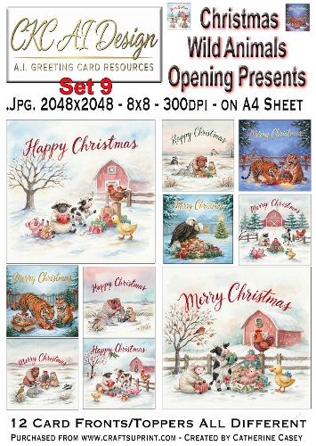 Christmas Wild Animals Opening Presents – 12 AI Christmas Card Fronts & Toppers - Set 9