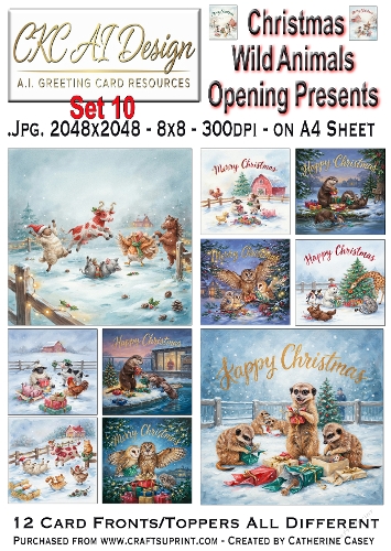 Christmas Wild Animals Opening Presents – 12 AI Christmas Card Fronts & Toppers - Set 10