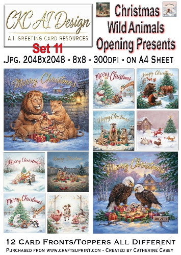 Christmas Wild Animals Opening Presents – 12 AI Christmas Card Fronts & Toppers - Set 11