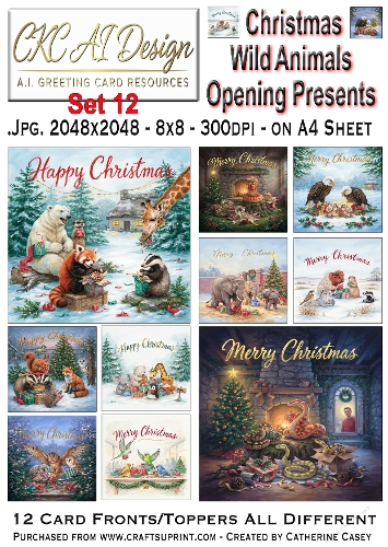 Christmas Wild Animals Opening Presents – 12 AI Christmas Card Fronts & Toppers - Set 12