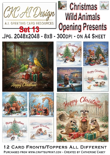 Christmas Wild Animals Opening Presents – 12 AI Christmas Card Fronts & Toppers - Set 13