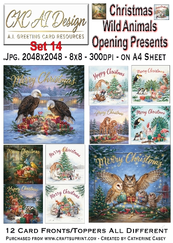 Christmas Wild Animals Opening Presents – 12 AI Christmas Card Fronts & Toppers - Set 14