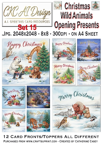 Christmas Wild Animals Opening Presents – 12 AI Christmas Card Fronts & Toppers - Set 15