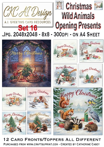 Christmas Wild Animals Opening Presents – 12 AI Christmas Card Fronts & Toppers - Set 16