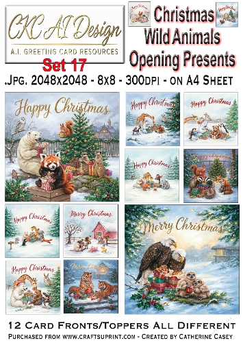 Christmas Wild Animals Opening Presents – 12 AI Christmas Card Fronts & Toppers - Set 17