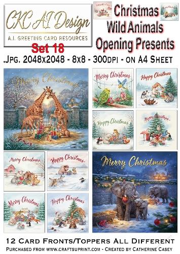 Christmas Wild Animals Opening Presents – 12 AI Christmas Card Fronts & Toppers - Set 18