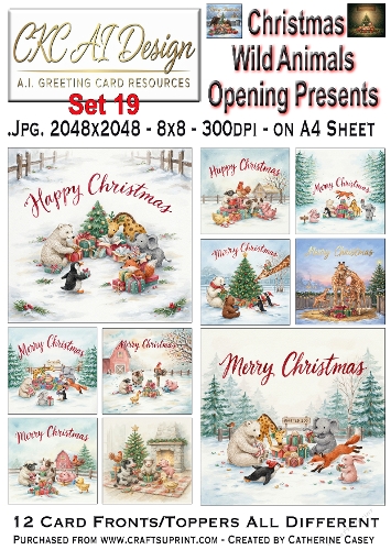 Christmas Wild Animals Opening Presents – 12 AI Christmas Card Fronts & Toppers - Set 19