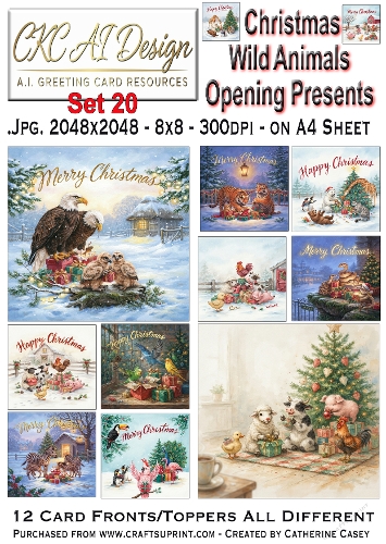 Christmas Wild Animals Opening Presents – 12 AI Christmas Card Fronts & Toppers - Set 20