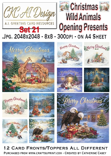 Christmas Wild Animals Opening Presents – 12 AI Christmas Card Fronts & Toppers - Set 21
