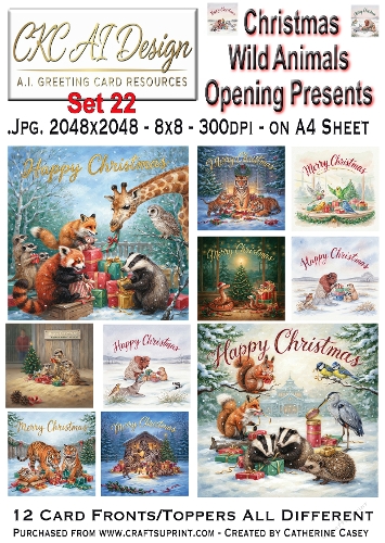 Christmas Wild Animals Opening Presents – 12 AI Christmas Card Fronts & Toppers - Set 22