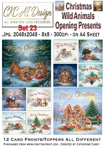 Christmas Wild Animals Opening Presents – 12 AI Christmas Card Fronts & Toppers - Set 23