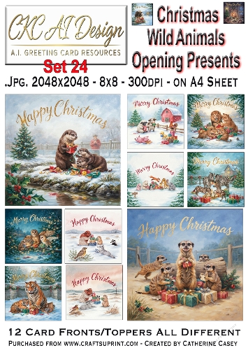 Christmas Wild Animals Opening Presents – 12 AI Christmas Card Fronts & Toppers - Set 24