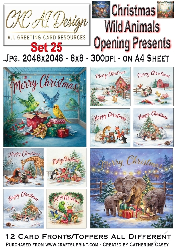 Christmas Wild Animals Opening Presents – 12 AI Christmas Card Fronts & Toppers - Set 25