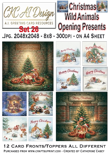 Christmas Wild Animals Opening Presents – 12 AI Christmas Card Fronts & Toppers - Set 26