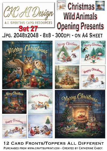 Christmas Wild Animals Opening Presents – 12 AI Christmas Card Fronts & Toppers - Set 27