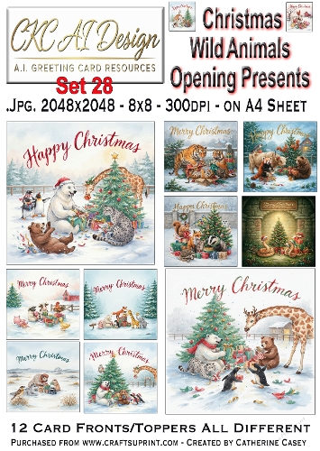 Christmas Wild Animals Opening Presents – 12 AI Christmas Card Fronts & Toppers - Set 28
