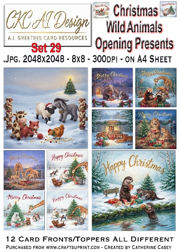 Christmas Wild Animals Opening Presents – 12 AI Christmas Card Fronts & Toppers - Set 29