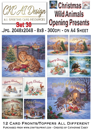 Christmas Wild Animals Opening Presents – 12 AI Christmas Card Fronts & Toppers - Set 30