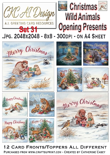 Christmas Wild Animals Opening Presents – 12 AI Christmas Card Fronts & Toppers - Set 31
