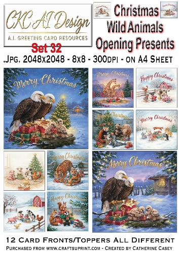 Christmas Wild Animals Opening Presents – 12 AI Christmas Card Fronts & Toppers - Set 32