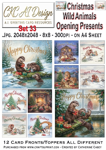 Christmas Wild Animals Opening Presents – 12 AI Christmas Card Fronts & Toppers - Set 33
