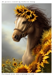 AI (Artificial Intelligence) A4 Beautiful Fantasy Picture of a Horse with Sunflowers